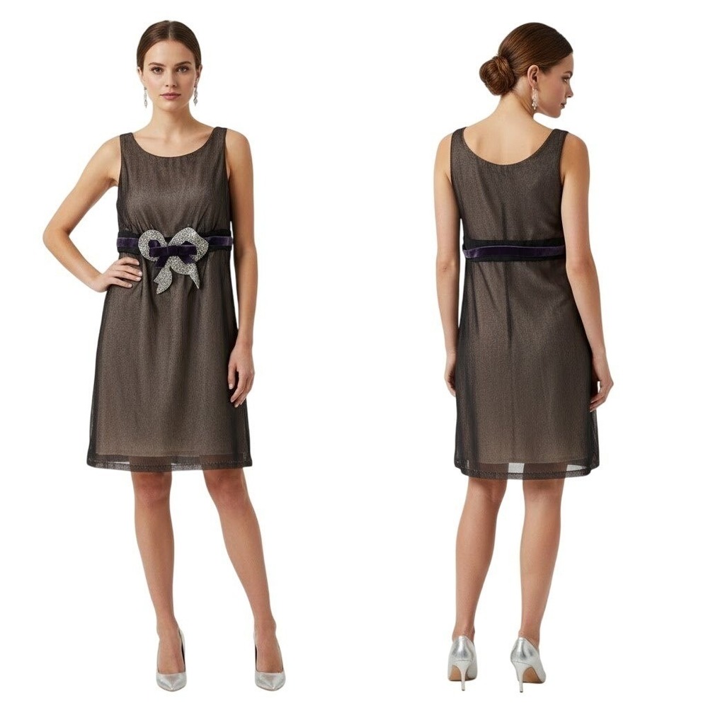 Corey Lynn Calter Bronze Metallic Mesh Dress 6 Rhinestone Bow Velvet Ribbon